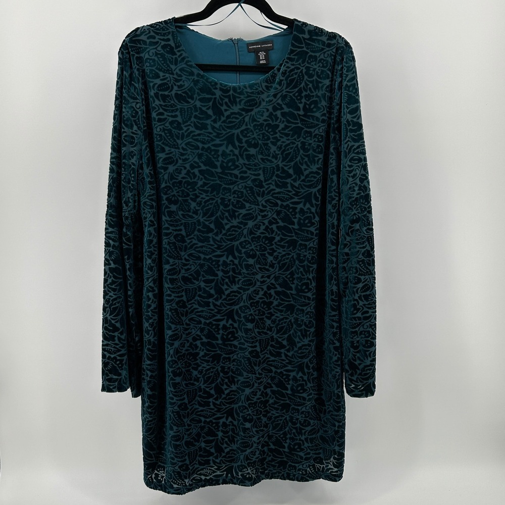 Adrienne Vittadini Teal Green Burnout Floral Velvet Shift Dress Lined XL Party